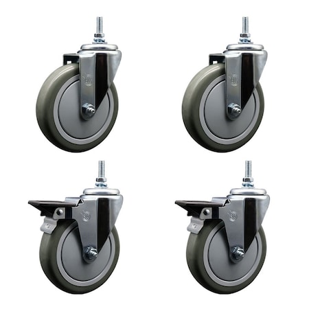 Service Caster 5 Inch Gray Polyurethane 38 Inch Threaded Stem Caster Set 2 Brakes SCC SCC-TS20S514-PPUB-381615-2-PLB-2
